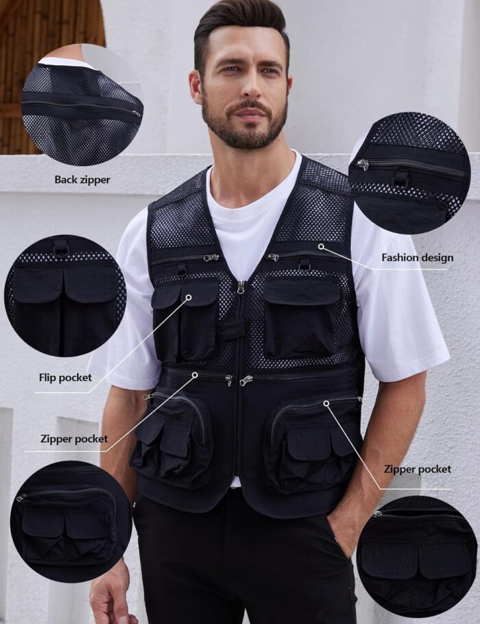 Gihuo Men's Fishing Vest Utility Safari Travel Vest with Pockets Outdoor Work Photo Cargo Fly Summer Vest - Image 2