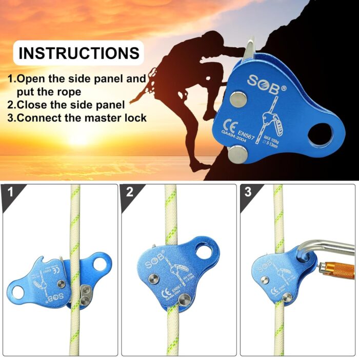 Climbing Fall Protection Belay Device with Ascender - Aluminum Magnesium Alloy Rope Grab Clamp for Rock Climbing, Mountaineering, Arborist, Rescue & Aerial Work - Image 3