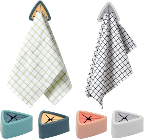 4Pcs Towel Hook Holder Grabber, Drill Free Self Adhesive Push Hooks Firmly, Colorful Dish Towel Holders for Kitchen Bathroom Organization