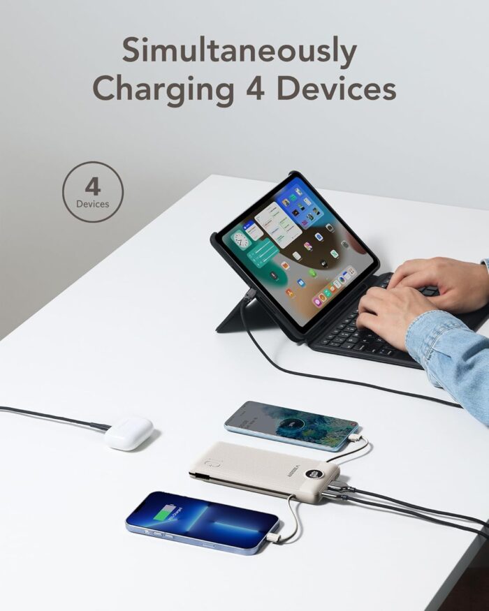 VEGER Portable Charger for iPhone with Built in Cables and Wall Plug, 10000mah Slim Fast Charging USB C Power Bank, Travel Essential Battery Pack Compatible with iPhone, iPad, Samsung etc(Coffee) - Image 4