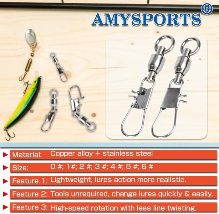 AMYSPORTS Fishing Swivels with Interlock Snap Ball Bearing Swivels Fishing Snap Swivels Saltwater Freshwater Fishing Tackle Leader Lure Jigs Line Fishing Connector - Image 2