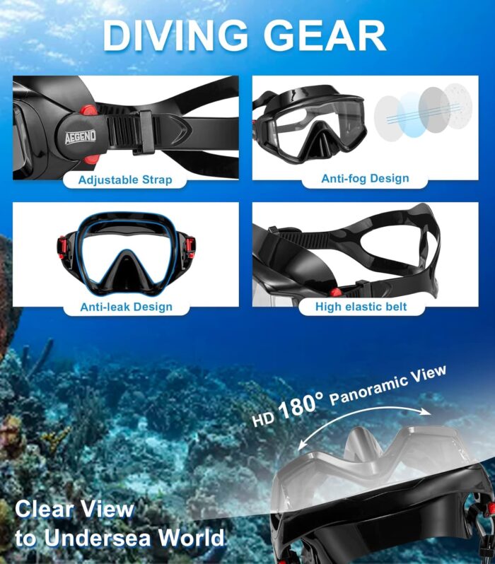 Aegend Snorkeling Gear for Adults, Dry Snorkel Set Panoramic View Enhanced Anti-Leak and Anti-Fog Technology, Adjustable Strap for Snorkeling Scuba Diving Swimming with Mesh Bag - Image 2