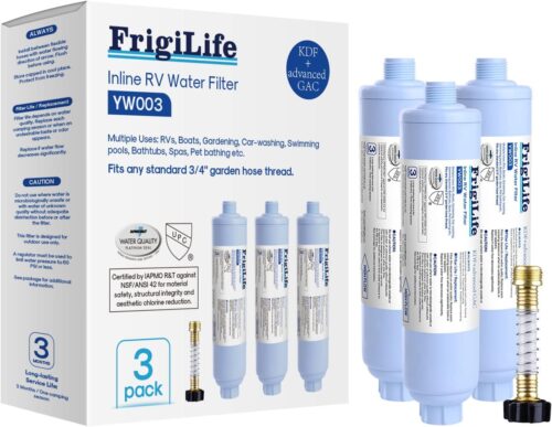 RV Water Filter, NSF/ANSI 42, for RVs Marines, Boats, Campers, for Drinking, Washing, Gardening, Camping, Planting, Spa, Reduces Chlorine, Bad Taste Odor with Hose Protector, 3PACK