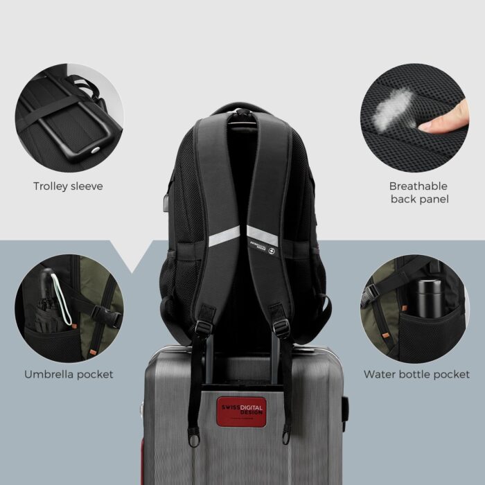 Swissdigital Design Business Laptop Backpack with Smart USB Charging Port, Travel Backpack Fits 15.6 inches Laptops, Water Repellent College Backpack for Men Women, Olive/Black | SD803-26 - Image 5