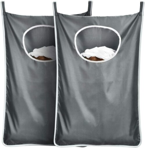 Durable hanging laundry hamper bag Behind door Space Saving with Stainless Steel Hooks Zip, For Bathroom,Kids room,Travel,College Dorm,2pack(Extra Large-Dark Grey)