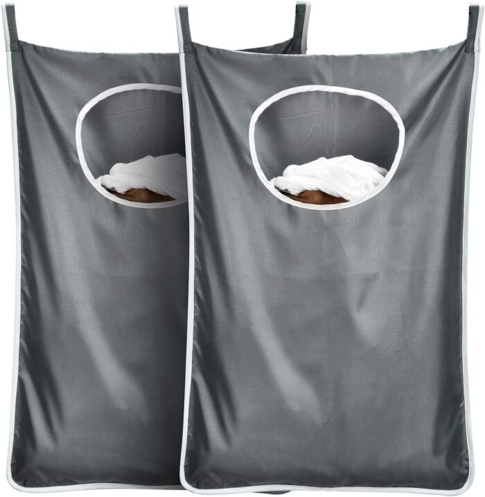 Durable hanging laundry hamper bag Behind door Space Saving with Stainless Steel Hooks Zip, For Bathroom,Kids room,Travel,College Dorm,2pack(Extra Large-Dark Grey)