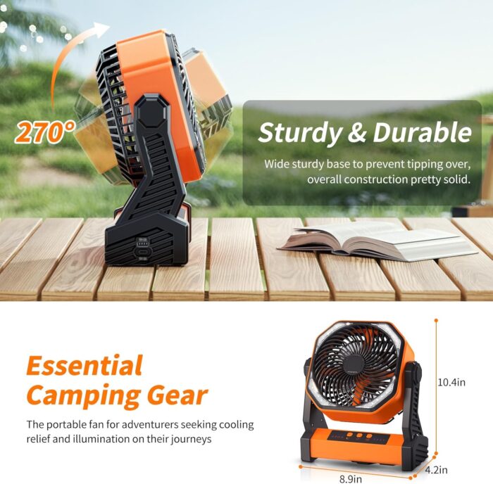 Camping LED Fan with Light,20000mAh Rechargeable Battery Powered Outdoor Tent Fan with Light and Hook, 4 Speed, Personal USB Desk Fan for Camping, Fishing, Power Outage,Hurricane, Worksite - Image 4