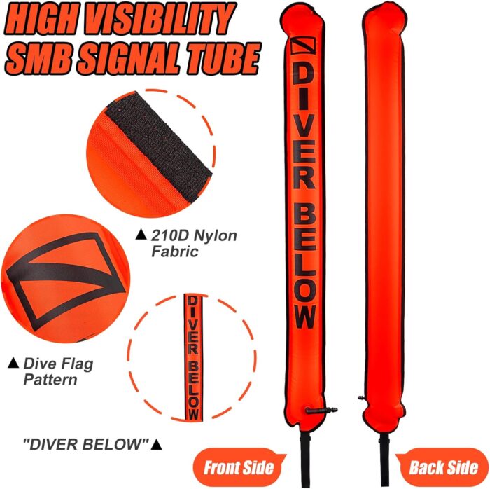 Surface Marker Buoy, Scuba Diving Surface Marker Signal Tube with Reflective Strip and Plastic Clip - Image 2