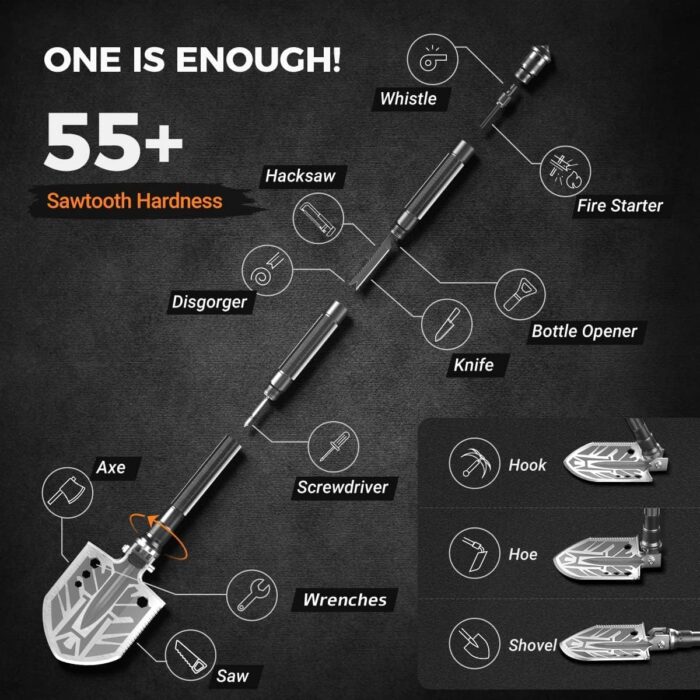 Sahara Sailor Unbreakable Tactical Shovel-180 Degree Folding Shovel-Camping Shovels - 23 in 1 Survival Gear and Equipment Multifunctional Camping Gear Survival Tools for Caping Hiking - Image 3