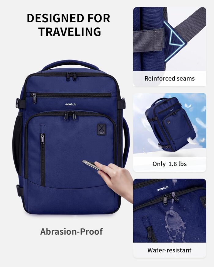 ECOHUB 17" Small Travel Backpack, United Airlines Personal Item Bag 17x10x9 with 16 Pockets, Water Resistant Rucksacks Fit 15.6" Laptop, AirTag Pocket, Lightweight Casual Daypack, 25L, Blue - Image 6