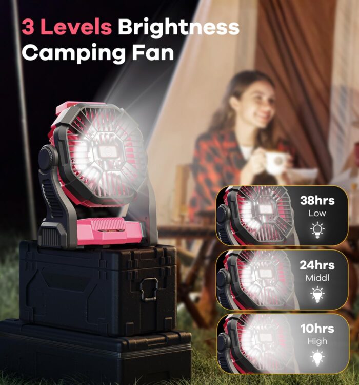 Camping Fan with LED Lantern, 15000mAh Portable Rechargeable Battery Powered Table Fan with Hook, Camping Gear for Picnic, Fishing, Car or Hurricane Power Outages (Pink) - Image 3