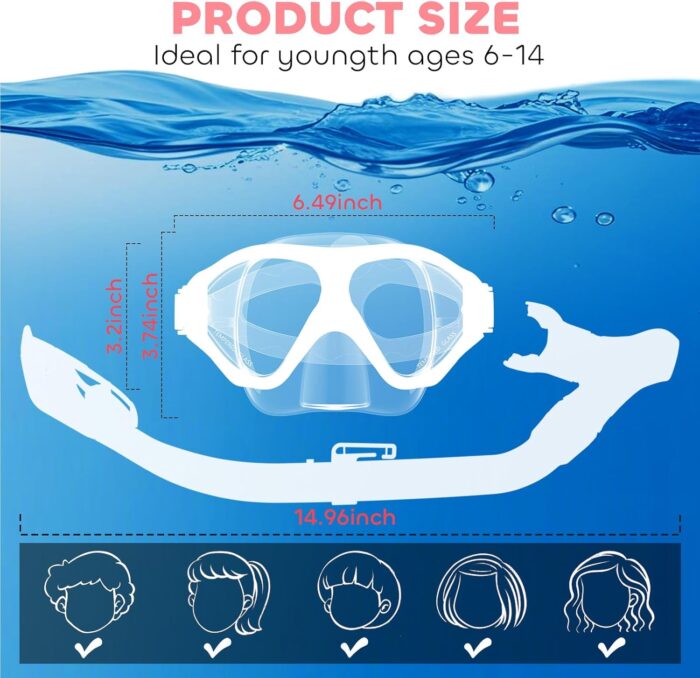 Kids Snorkel Set, Dry Top Snorkeling Gear Kids Swimming Goggles, Anti-Fog Tempered Glass Snorkel Mask with Foldable Breathing Tube, 180 Degree Full View Anti-Leak Diving Mask for Age 6-14, Unisex - Image 5