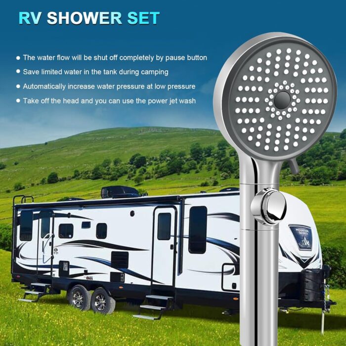 RV Shower Head with Hose, High Pressure 5 Mode Shower head Replacement, Shower Head for RV/Campers, Travel Trailer, Motorhome for Water Saving, Handheld Shower Head Holder and Hose, On Off Switch - Image 4