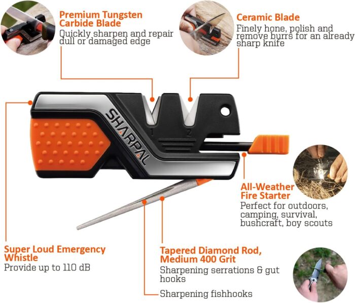 SHARPAL 101N 6-In-1 Pocket Knife Sharpener & Survival Tool, with Fire Starter Ferro Rod, Whistle & Diamond Sharpening Rod, Quickly Repair, Restore and Hone Straight and Serrated Blade - Image 2