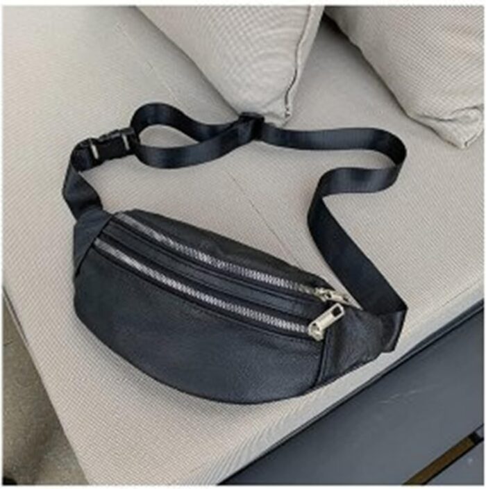 leather Fanny pack, Outdoor travel waist Pack Cowhide Leather Large Size 2 Pockets waist bag.Suitable for outdoor mountaineering, travel, camping, cycling, running, etc.（black-F） - Image 2
