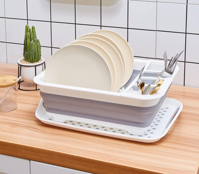 camper must haves dish drying rack Collapsible Dish Drying Rack Portable Dinnerware Drainer Organizer for Kitchen RV Campers Travel Trailers Space Saving Kitchen Storage Rack Tray (with Drainboard) - Image 2