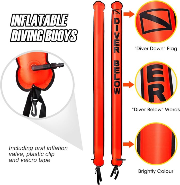 Surface Marker Buoy Set, 6ft Hi-Visibility Inflatable Closed Bottom Signal Tube Safety Sausage with 100ft/30m ABS Finger Spool Reel and Snap Kit for Underwater Scuba Diving - Image 3
