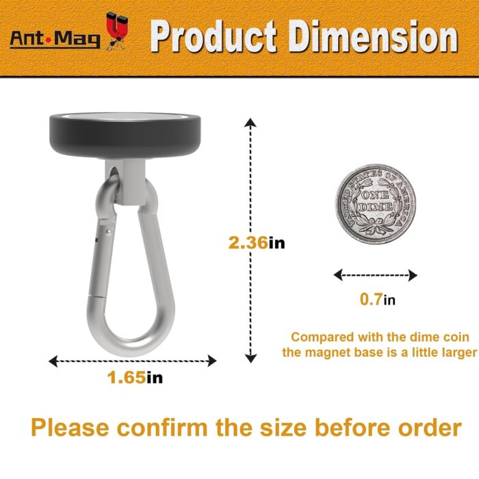 Ant Mag Heavy Duty Neodymium Magnet Hooks with Swiveling Carabiner - 140LBS Capacity, Indoor/Outdoor Hanging, Black (2 Pack) - Image 2