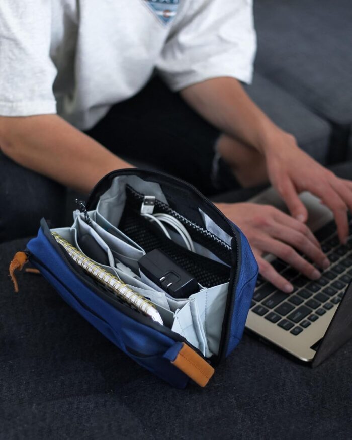 TRIPPED Travel Gear Tech Bag Organizer - Small Electronics Organizer Pouch for Travel - Premium Travel Case with Leather Accents - Mesh Pocket for Cables, Cords and Chargers (Navy) - Image 2