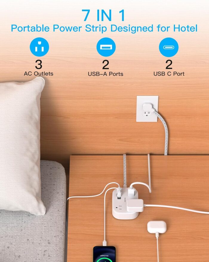 Cruise Essentials 2025,One Beat Travel Power Strip with USB C,Flat Plug Extension Cord with 3 Outlets 4 USB Ports(2 USB C),5 ft Desk Wall Outlet Extender,Non Surge Protector for Cruise,Dorm Room,ETL - Image 2