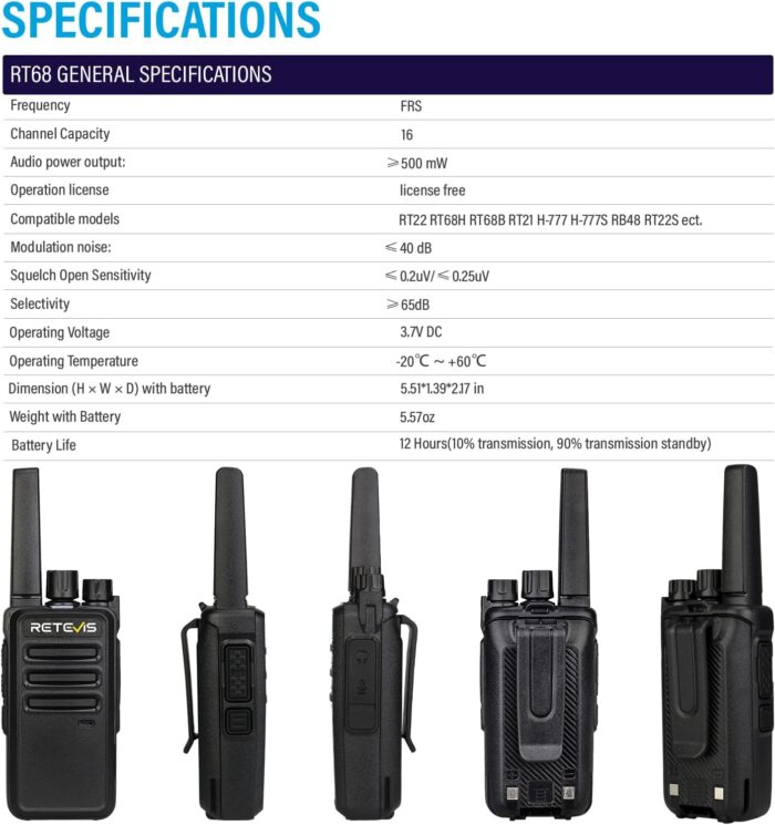 Retevis RT68 Walkie Talkies with Earpiece, Portable FRS Two-Way Radios Rechargeable, with 6 Way Multi Unit Charger, Hands Free, Long Range, Rugged 2 Way Radios 6 Pack for Adults School Church - Image 7