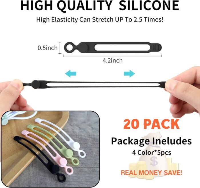 [20Park]UMUST Silicone Cable Ties,Reusable Cable Management Organizer, Multipurpose Elastic Cord Organizer for Bundling and Fastening Cable Cords Wires(black,white,pink,green) - Image 2