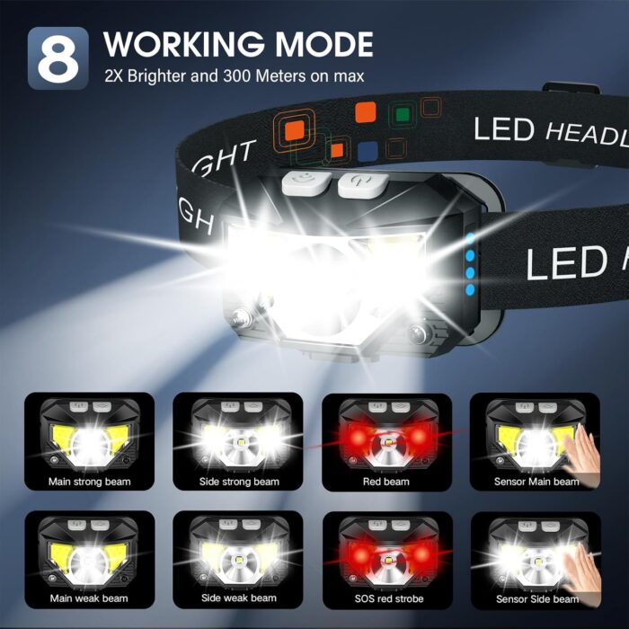 LHKNL Headlamp Flashlight, Lumen Ultra-Light Bright LED Rechargeable Headlight with White Red Light, 2-Pack Waterproof Motion Sensor Head Lamp,8 Modes for Outdoor Camping Running Hiking Fishing - Image 4