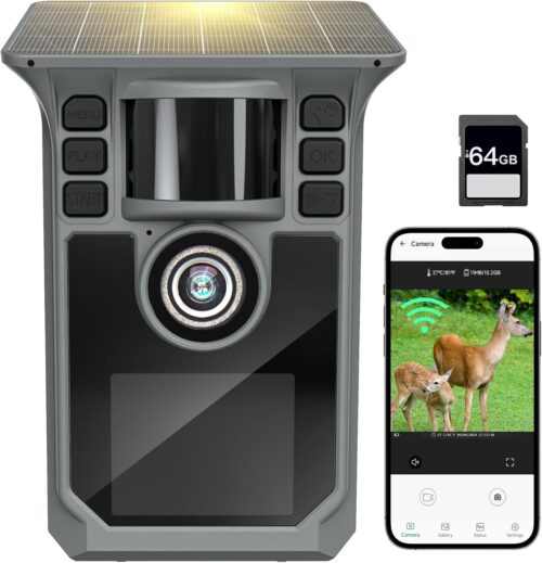 Trail Camera 4K 64MP WiFi Solar Game Camera, 5000mAh Forever Power, 64GB Memory Card and Ip67 Waterproof Night Vision Trail Cam for Outdoor Wildlife Detection, Monitoring Trail Cameras