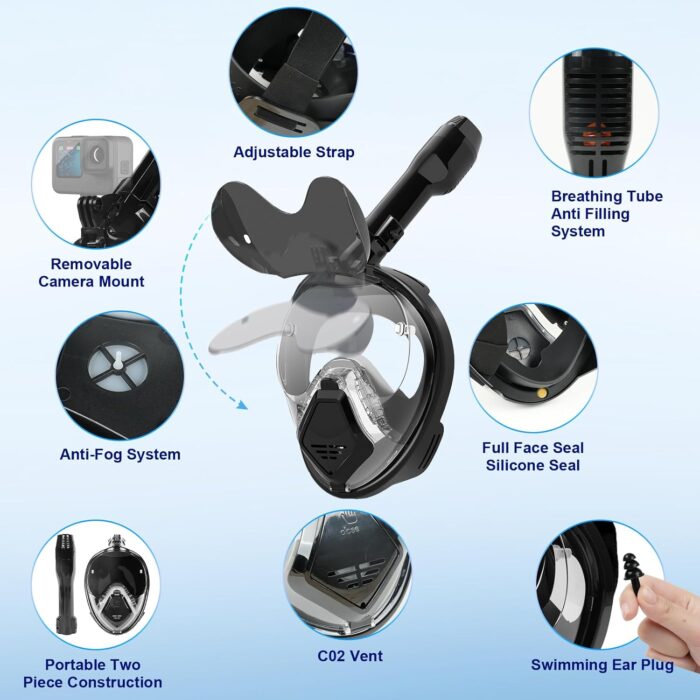 Snorkeling Gear for Adults, Full Face Snorkel Mask Adults with Camera Mount, Snorkel Mask for Glasses Wearers Check Valve Air Inlet Breathe Better, Panoramic View Snorkel Set - Image 5
