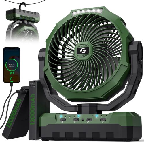 FRIZCOL 3-in-1 Camping Fan - Portable Fans Rechargeable - 24000mAh Battery Powered Fan(140Hrs) with Light & Remote for Indoor, Outdoor, Tent, Travel, BBQ, Fishing, Jobsite - Green