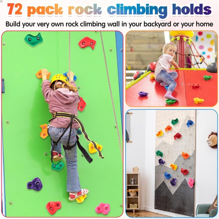 Meooeck 72 Pcs Kids Rock Wall Climbing Holds Set Colorful Grips with Mounting Screws and Hardware for DIY Indoor Outdoor Backyard Playground Play Set Back to School Birthday Gift(Classic Color) - Image 4