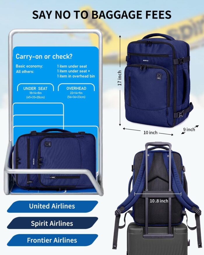 ECOHUB 17" Small Travel Backpack, United Airlines Personal Item Bag 17x10x9 with 16 Pockets, Water Resistant Rucksacks Fit 15.6" Laptop, AirTag Pocket, Lightweight Casual Daypack, 25L, Blue - Image 2
