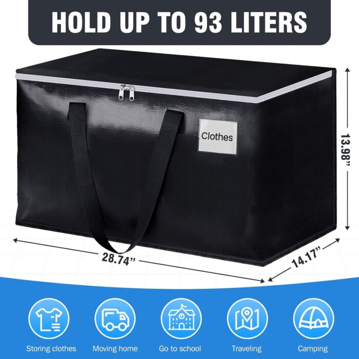 BlissTotes Collapsible Moving Bags - Heavy Duty Boxes with Zippers and Handles, Space Saving Packing Totes for Moving Supplies Storage (93L, 6-Pack, Black) - Image 2