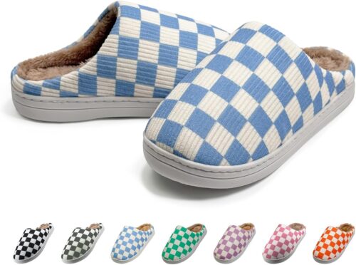 Checkered Memory Foam Slippers - Women's & Men's Soft Warm Bedroom House Slippers with Faux Fur Lining - Indoor/Outdoor - Pink, White, Black - Size 8/9