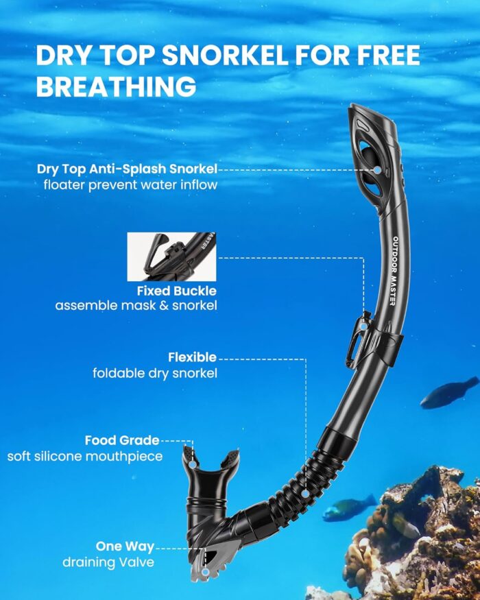 OutdoorMaster Mobula Snorkeling Gear for Adults, Diving Mask and Snorkel Set with Tempered Glass Anti-Fog, TOP Dry Snorkel for Diving Snorkeling Swimming - Image 4