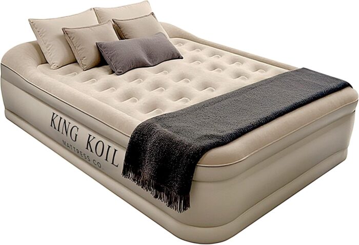 King Koil Luxury Built-in Pillow Top Queen Air Mattress with Built-in High-Speed Pump Best for Home, Camping, Guests, 20" Queen Size Double High Airbed, Blow Up Mattress, Waterproof, 1-Year Warranty