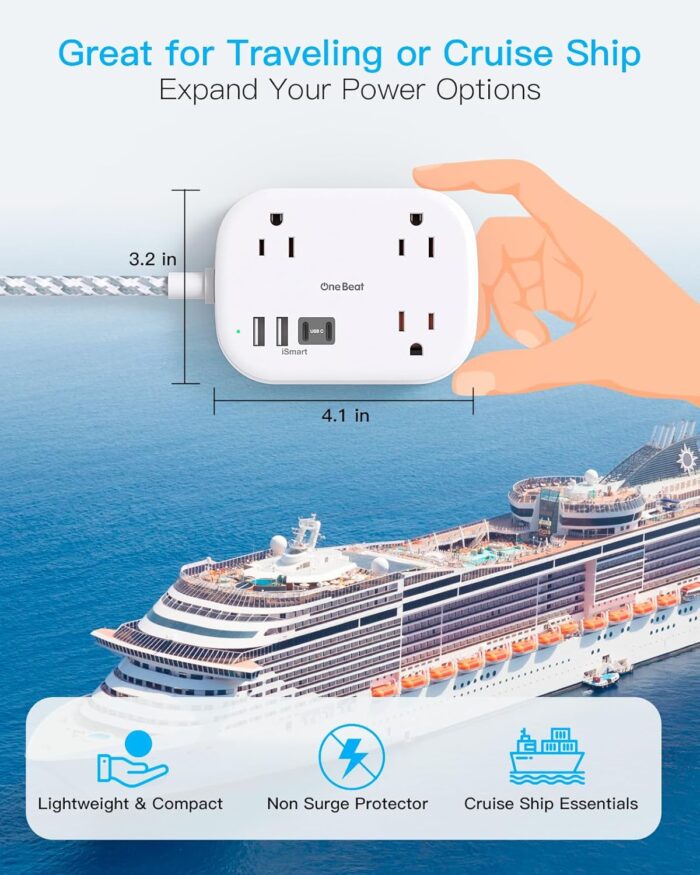 Cruise Essentials 2025,One Beat Travel Power Strip with USB C,Flat Plug Extension Cord with 3 Outlets 4 USB Ports(2 USB C),5 ft Desk Wall Outlet Extender,Non Surge Protector for Cruise,Dorm Room,ETL - Image 3