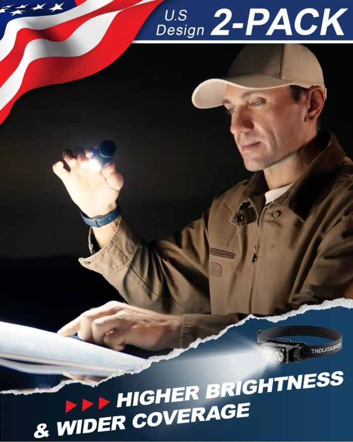 Headlamp Rechargeable 2PCS,4500L Super Bright Light Bright LED Rechargeable Headlight with White Light, Waterproof Head Lamp with Headband for Outdoor Camping, Hiking,Camping Essentials,Working - Image 2