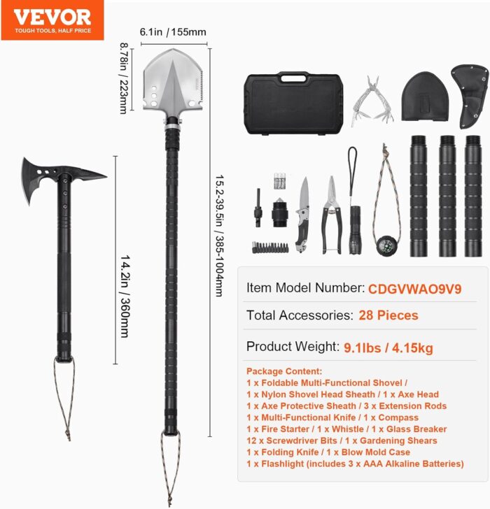 VEVOR Survival Shovel Survival Axe, 28-in-1 Camping Folding Shovels with Hatchet, Stainless Steel Tactical Shovel Hatchet Combo, Multifunctional Emergency Survival Gear Equipment for Camping Hiking - Image 7