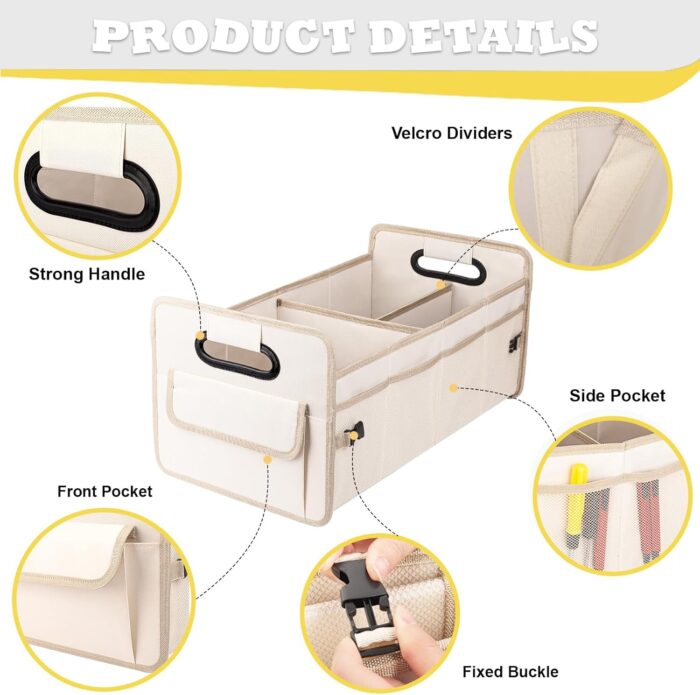 JiatuA Car Trunk Organizer, Car Organizers and Storage Collapsible Multi Compartment Container Box, Adjustable Car Accessories for SUV Sedan Truck, Standard Size, Beige - Image 3