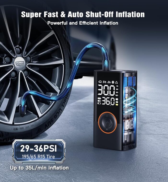 Tire Inflator Portable Air Compressor Portable Cordless Mini Air Pump with Digital Pressure Gauge 150PSI 3X Fast Inflation and Auto Shutoff Function Tires Pump for Cars Motorcycles Bikes Balls - Image 3