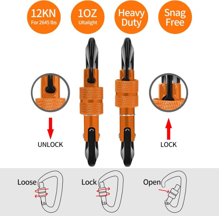 Carabiner Clips Heavy Duty 12kN (2697 lbs)-Lightweight Locking Carabiners for Camping, Hiking, Hammock, Dog Leash Harness, Outdoor and Gym etc, Keychains& Utility - Image 3