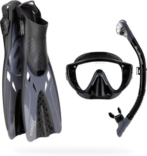 Cressi Snorkeling Set- Short Adjustable Fins, Silicone Mask, and Dry Snorkel- Compact for Travel- Tino Adventure Set- Designed in Italy