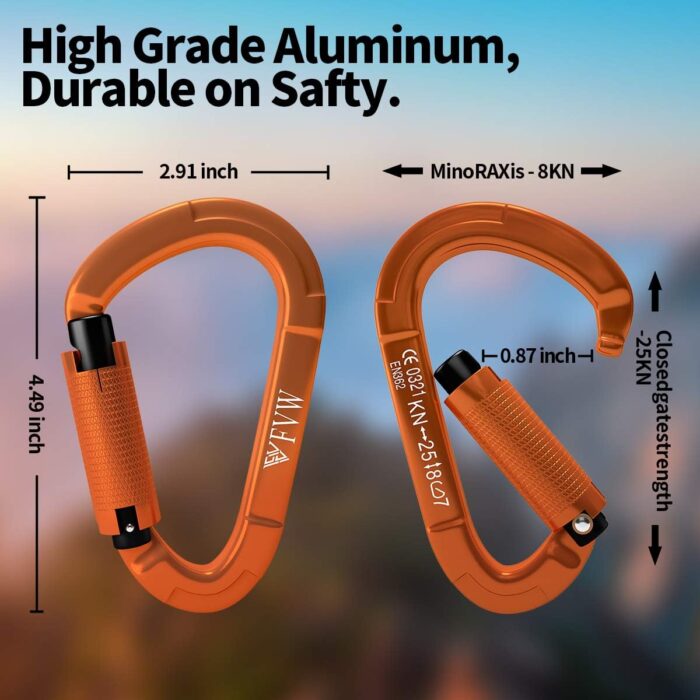 FVW Auto Locking Rock Climbing Carabiner Clips, UIAA Certified Professional 25KN (5620 lbs) Heavy Duty Caribeaners for Rappelling Swing Rescue & Gym etc,Large Carabiners,D-Shaped - Image 2