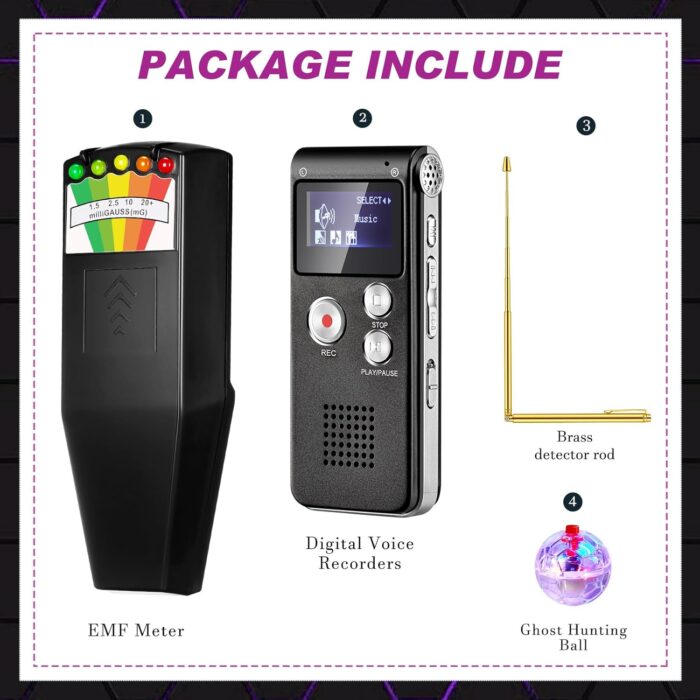 Dunzy 8 Pcs Ghost Hunting Equipment Kit Includes 1 Pcs Emf Meter Digital 1 Pcs Voice Recorder 2 Pcs Copper Dowsing Rod and 4 LED Motion Activated Cat Ball Paranormal Equipment Tester for Home Office - Image 2