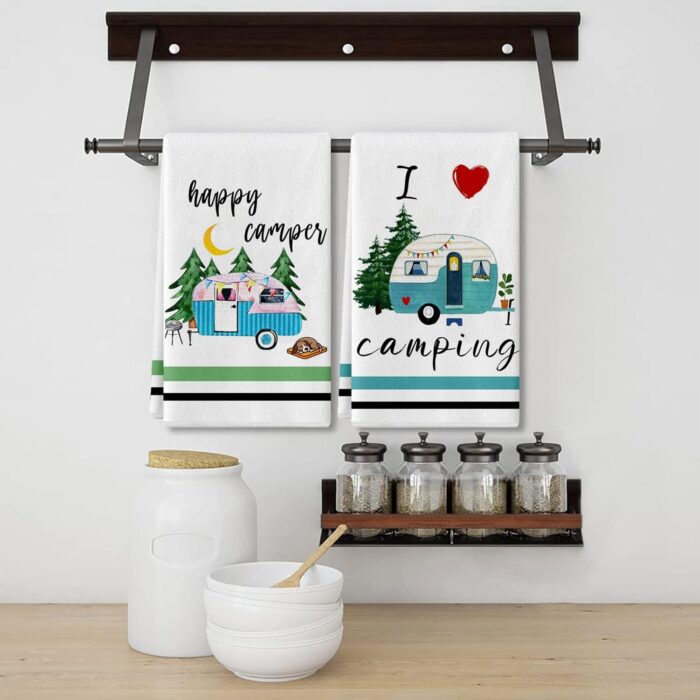 Camping Kitchen Towels Set of 4 Dish Towels Kitchen Hand Towels Kit Printed with Funny Sayings Novelty Gifts for Campers Happy Camper Camping Tent Pine Tree Farmhouse RV Decor Sign Home Decorations - Image 6