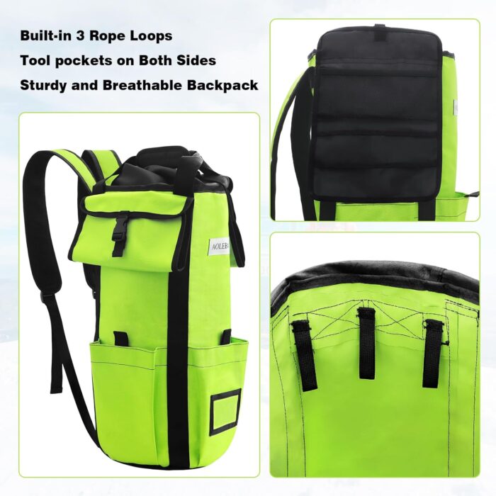 AOLEBA Arborist Rope Storage Bag Tree Climbing Rock Rope Bucket Backpack Rope Storage Bag Large Capacity 1680D Thicken Nylon Material with Hand Straps, Side Pockets - Image 4