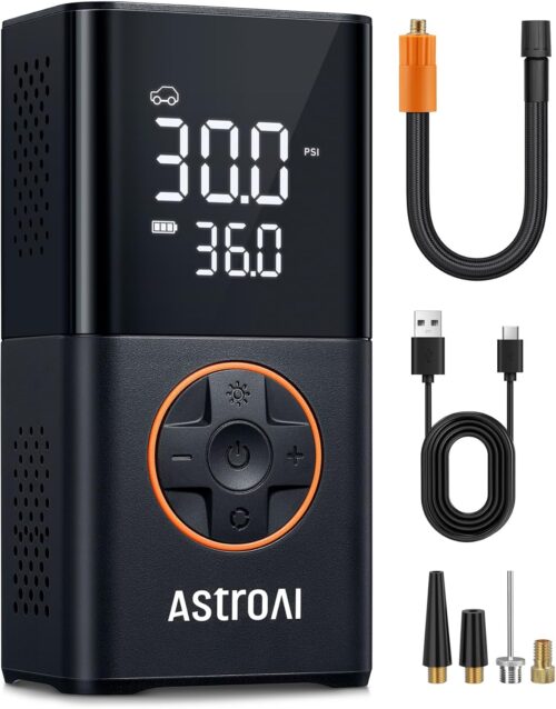AstroAI L7 Tire Inflator Portable Air Compressor Cordless Mini Bike Pump with Digital Dual Values Display, 150 PSI Car Tires Air Pump with LED Lights&Pressure Gauge for Auto, Motorcycles, Bikes, Balls
