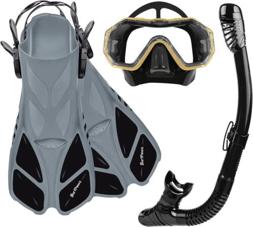 Snorkeling Gear Set - Adjustable Short Fins, Anti-Fog Mask, 3-Piece Dry Top Snorkel, Travel Size with Gear Bag for Adults, Men, Women, Swimming, Diving, Snorkeling