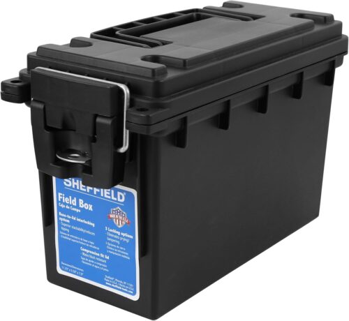 Sheffield 12629 Ammo Storage Box, Stackable .30 Cal Field Boxes, Water and Dust Resistant, Lockable Storage Box with Handle, Secures Hunting Gear, Supplies, and Bullets, Made in USA, Black, 1-Pack